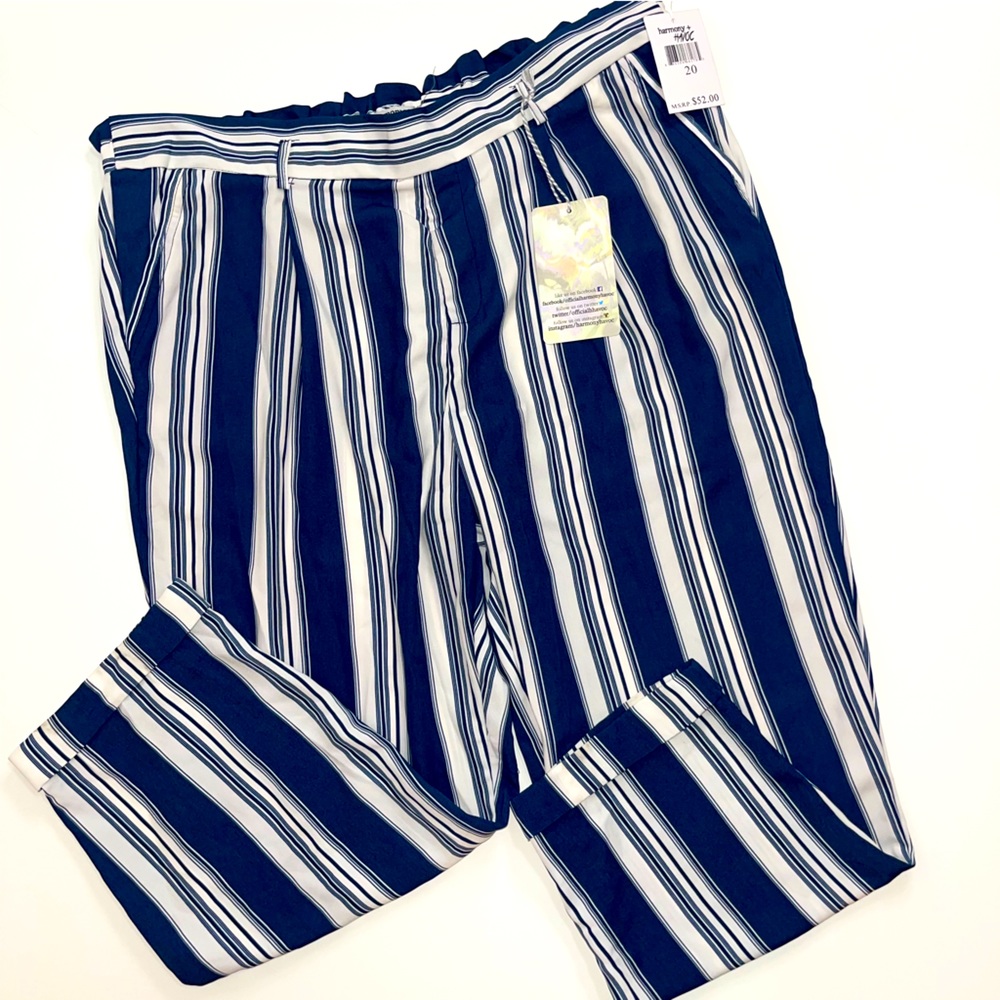 Harmony and havoc paperbag striped white blue pants elastic waist wide leg sz 20